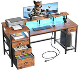 Furologee 60" Computer Desk with File Cabinet and Storage Shelves, Reversible Home Office Desk with LED Lights, Full Monitor Stand, Power Outlets