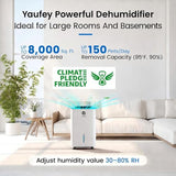 Yaufey 150 Pint Dehumidifier for Basement Home 8000 Sq. Ft. with Drain Hose