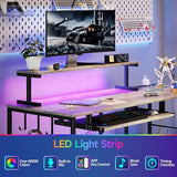 IAISRO L Shaped Gaming Desk with Power Outlets & RGB Lights, 46'' L- Shaped Desk Computer Corner Desk with Monitor Stand & Storage Shelf & Hook, Home Office Desk Writing Desk, Grey