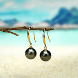Raivari 18K Gold Diamond 9-10mm Tahitian Black Pearl Drop Dangle Earrings,4A Quality Round South Sea Cultured Pearl Hook Earrings Gifts For Women