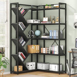 Semoic 71" Tall Tree Bookshelf, 5-Tier L-Shaped Corner Bookshelf with Industrial Metal Frame