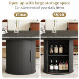 Extendable Round to Oval Dining Table with Hidden Storage, Modern Wooden Kitchen Table with Fluted Sliding Door Cabinet