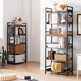 Adjustable 6 Tier Open Bookcase, Rustic Farmhouse Book Shelves, Industrial Wood and Black Metal Bookshelves