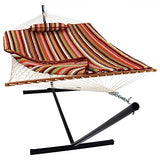 Sunnydaze Rope Hammock with Stand for Outside- 275-Pound Capacity - Includes 12-Foot Hammock Stand, Spreader Bar, Pad, and Pillow - Tropical Orange