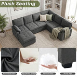 Huatean Home 105" U-Shape Sleeper Sofa with Storage, Large 7-Seat Modular Sectional with Removable Covers, Pull-Out Couch Bed for Living Room, Dark Grey