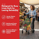 Foldable Shopping Cart with Wheels & Brake System - Heavy Duty Collapsible Utility Cart for Groceries & Laundry