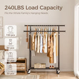 Clothes Rack, Double Rods Rolling Clothing Rack for Hanging Clothes, Portable Garment Rack with Wheels, Coat Rack Wardrobe Closet Load 240 LBS, Black