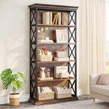 Tribesigns 6-Tier Bookcase, 71 Inches Industrial Bookshelves and Bookcases, Floor Standing 5 Shelf Display Storage Shelves, Brown and Black