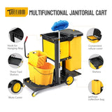 3-Shelf Commercial Cleaning Cart, Housekeeping Caddy with Locker,Wheeled with Yellow Vinyl Bag,