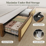 Belffin Queen Size Rattan Bed Frame with 2 Storage Drawers, Wood Bed, Brown