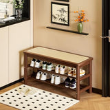 latifolia Shoe Rack Bench, 3-Tier Bamboo Shoe Bench with Breathable Rattan Seat Cushion, Shoe Storage Rack for Entryway(Walnut,31.50''L)