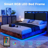 LUCKLIFE Floating Bed Frame Queen Size with Adjustable Headboard and Smart LED Lights, Upholstered Bed Frame with RGB Lights, Modern Metal Bed, Easy Assembly, Under-Bed Storage, Bedroom