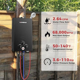 CAMPLUX Tankless Water Heater - 2.64GPM Portable Propane Heater for Off Grid, Camping, Outdoor Shower - 68,000 BTU - BW264B - Black