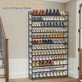 NEYCIL Large Shoe Rack 12 Tier Shoe Organizer, Heavy Duty Metal 6-Tier Stackable Shoe Storage Vertical Shoe Rack for Closet Front Door Entrance, Up to 75 Pairs, 44.8" W x 11.4" D x 85.1" H, Black