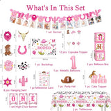 cocomigo 131Pcs My First Rodeo Decorations Girl, with Cowgirl Hat, Tablecloth, Photo Banner, Balloon Boxes, Backdrop, Balloon Arch, for Pink First Birthday Decorations for Girl