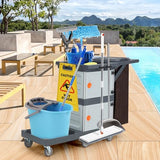 Janitorial Cart with Cabinet, 3-ply Multi-Purpose Engineered Plastic Housekeeping Cart with 30 Gallon Bag Hand Push Utility Cart