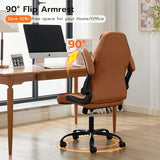 Ylzyxal Office Desk Chair, Ergonomic Computer Chair with Padded Flip-Up Arms and Adjustable Lumbar Support, PU Leather Executive Chair with Tilt Lock and 360° Swivel Rolling Wheels for Work