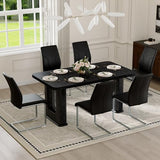 64.5" Dining Room Table Set for 6, 64.5" Modern Black Wood Grain Kitchen Table Set with Tempered Glass Inlay & Dual Pedestal Base