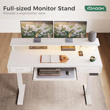 AODK Electric Standing Desk with Drawers & Keyboard Tray, 55 Inch Height Adjustable Gaming Desk with Power Outlets & LED Lights, Sit Stand Table with Monitor Stand for Home, Office, White