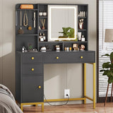 AOGLLATI Makeup Vanity with Lights in 3 Colors, Black Vanity Desk with Mirror and Lights, Vanity Table with Charging Station, Makeup Desk with Visible Drawers, Hidden and Open Storage Shelves