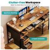 47.2" Computer Desk with 6 Drawers and 2 Open Shelves, Rustic Brown Writing Desk with Storage Cabinet & Metal Frame, Modern Industrial Home Office Executive Desk Workstation for Small Space