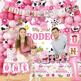 cocomigo 131Pcs My First Rodeo Decorations Girl, with Cowgirl Hat, Tablecloth, Photo Banner, Balloon Boxes, Backdrop, Balloon Arch, for Pink First Birthday Decorations for Girl