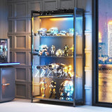 AODK Display Case with LED Lights, Display Cabinet with Glass Storage Shelves and Industrial Metal Mesh, 4-Tier Display Shelf for Collectibles, Curio Cabinet with Open Shelf, Black Book Shelf