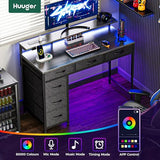 Huuger Gaming Desk with 6 Drawers, Computer Desk with LED Lights Power Outlets and Type-C, 39 Inch Office Desk with Storage