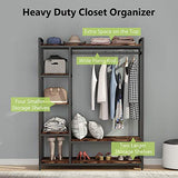 LITTLE TREE Free Standing Wood Closet Clothes Rack,Heavy Duty Grament Rack with Shelves,Hanging Racks for Clothes Clothing Rack for Bedrom,Wardrobe Closet Organizer,350 lb Capacity,Rustic