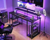 48 inch Gaming Desk with LED Lights & Power Outlets, Computer Desk with Monitor Stand & Storage Shelves, CPU Stand, Home Office Desk, Black