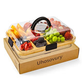 Charcuterie Board with Clear Lid, Portable 6-Compartment Cheese & Snack Tray, Reversible Bamboo Cutting Board, Secure Latch Closure for Picnics, Parties & Light Travel, Housewarming Gift