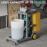 Janitorial Cart Cleaning Carts on Wheels, Gray Housekeeping Carts, 3-Shelf Commercial Traditional Plastic Janitor Cart