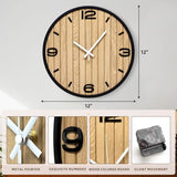 AXAORIRA 12 Inch Round Wall Clock Battery Operated, Wooden Decorative Analog Clocks Non-Ticking Quartz for Apartment, Living Room, Bedroom, Hallway, Classroom - Gifts for Family and Friends
