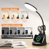 Vicsoon Desk Lamp with Wireless Charger, LED Desk Lamp for Home Office with Pen Holder, Dimmable Eye-Caring Study Desk Light