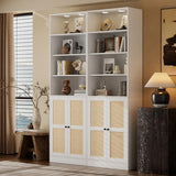 Tall Bookshelf with LED - Rattan Wood Door Design, 7 Tier Bookcase Set of 2, Curio Cabinets with Storage