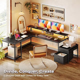 66" L Shaped Gaming Desk with LED Lights & Power Outlets, Computer Desk, Black