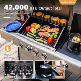 4-Burner Propane Gas BBQ Grill with Side Burner and Porcelain-Enameled Cast Iron Grates, Stainless Steel Barbecue Grills Outdoor Cooking, Silver Cabinet Style, 42,000BTU