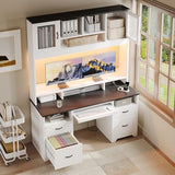 Bestier 77.8" H Computer Desk with Hutch, Charging Station, LED Light,White