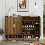 Smuxee Walnut Shoe Cabinet with Line Groove Design, 6-Tier Shoe Storage Cabinet with Adjustable Shelves, Freestanding Shoe Organizer Cabinet for Entryway, Hallway, Closet, Living Room