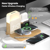 Alarm Clock Charging Station for Bedrooms, 7 in 1 Wireless Charging Station, Magnetic Charger with Night Light Bedside Clock (Wood)