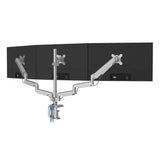 Mount-It! Triple Monitor Mount with Gas Spring Arms, Fits 24–32 Inch Screens, USB & Audio Ports, Full Motion Desk Stand with Tilt, Swivel & Rotation, Heavy Duty Silver 3 Screen Arm with Clamp