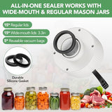 Electric Mason Jar Vacuum Sealer | 3 in 1 Vacuum Sealer for Mason Jars with 30 Lids (Wide/Reg)+5 Food Storage Bags,One-Tap Control,Mason Jar Sealer for Canning Pickling Meal Prep & Dry Goods