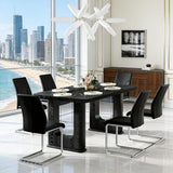 64.5" Dining Room Table Set for 6, 64.5" Modern Black Wood Grain Kitchen Table Set with Tempered Glass Inlay & Dual Pedestal Base