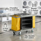 3-Shelf Multifunctional Housekeeping Cart - Commercial Hotel Cart with 2 Vinyl Bags, 8 Top Compartments