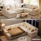 108'' Modular Sectional Sofa with Pull Out Bed, Sleeper Sofa, Beige | U Shaped 7 Seat Sectional Couches for Living Room