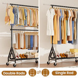 JIEJIERUI Heavy Duty Clothes Rack for Hanging Clothes, Double Rods Clothing Rack with Lockable Wheels, Rolling Garment Racks, Black