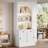 Merax Modern Bookcase with Sliding Doors,83.4" Tall Bookshelf with Open Shelves and LED Lighting,Storage