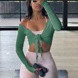 Talakeno Womens Ballet Wrap Tops Cropped Long Sleeve Self Tie Front Shirt Y2K Workout Yoga Pilates Dance Cover Up Blouse(Dark-Green,XS)