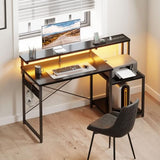 AODK Computer Desk, 48 Inch Gaming Desk with Led Lights & Power Outlet, Office Desk with Storage Shelves, Carbon Fiber Black