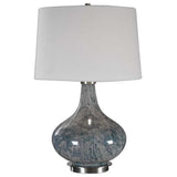 BOWERY HILL Contemporary Table Lamp, Blue Gray Glass with Brass Accents, 24.75 in Height, Ivory Linen Shade, Slightly Tapered Hardback, Indoor Use, Modern Lighting for Living Room or Bedroom